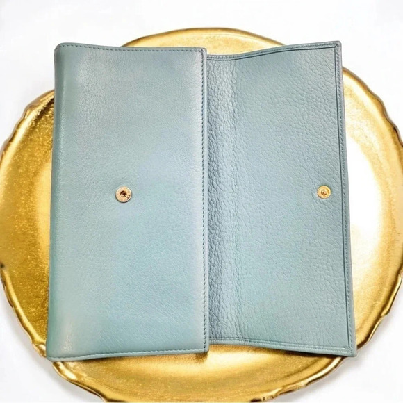 Rare Bvlgari Double Logo Blue Leather Flap Trifold Long Wallet - Picture 4 of 15